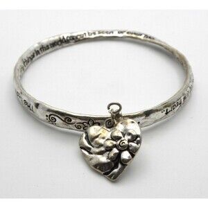 Vintage Inspirational Bangle Bracelet Heart Charm Engraved Silver Tone Whimsical